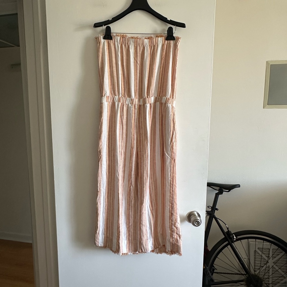 Anthropologie Cloth & Stone Orange/White Striped Frayed Hem Strapless Jumpsuit - Picture 3 of 7